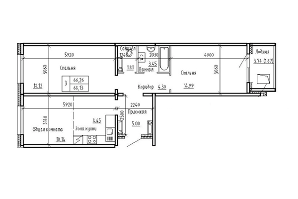 3-комнатная квартира 66,26 м² в ЖК Кольца. Планировка