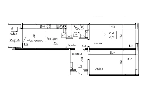 3-комнатная квартира 66,41 м² в ЖК Кольца. Планировка