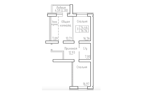 3-комнатная квартира 74,46 м² в ЖК Кольца. Планировка