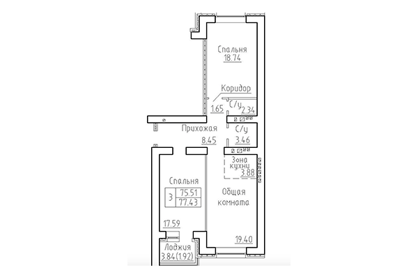 3-комнатная квартира 75,51 м² в ЖК Кольца. Планировка