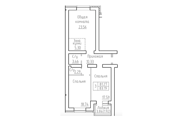 3-комнатная квартира 81,27 м² в ЖК Кольца. Планировка