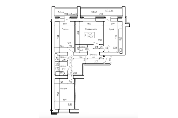 3-комнатная квартира 92,05 м² в ЖК Кольца. Планировка