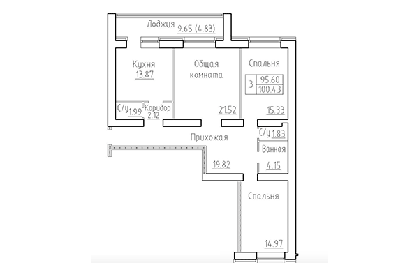 3-комнатная квартира 95,60 м² в ЖК Кольца. Планировка