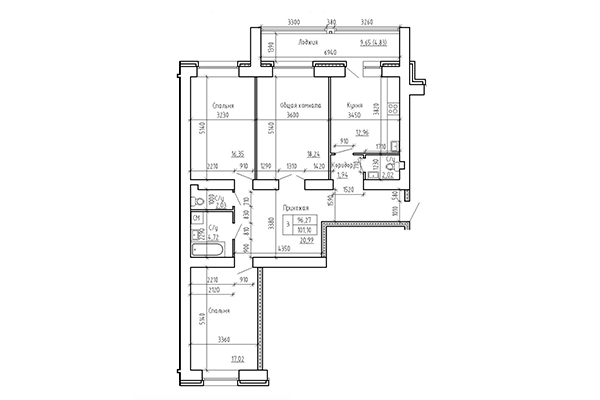 3-комнатная квартира 96,27 м² в ЖК Кольца. Планировка