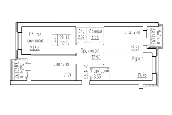 3-комнатная квартира 98,33 м² в ЖК Кольца. Планировка