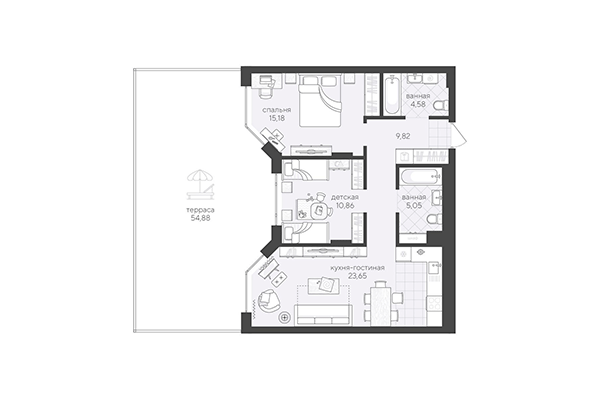 2-комнатная квартира 124,02 м² в Скандиа. Квартал в Кедровом. Планировка