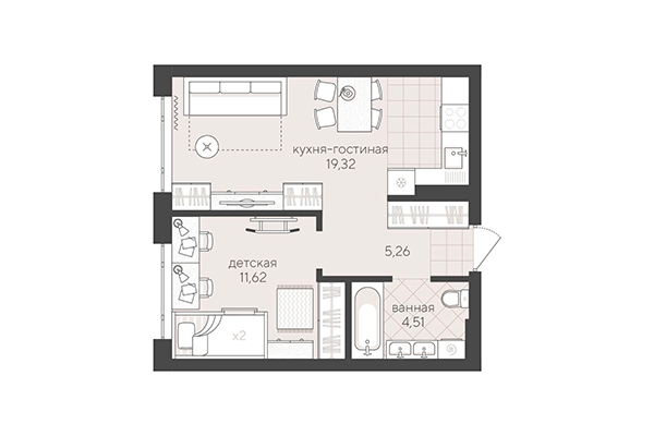 1-комнатная квартира 40,71 м² в Скандиа. Квартал в Кедровом. Планировка