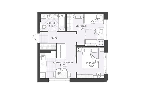 2-комнатная квартира 42,13 м² в Скандиа. Квартал в Кедровом. Планировка