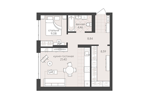 1-комнатная квартира 52,37 м² в Скандиа. Квартал в Кедровом. Планировка