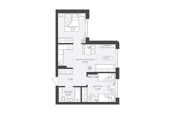 2-комнатная квартира 53,58 м² в Скандиа. Квартал в Кедровом. Планировка