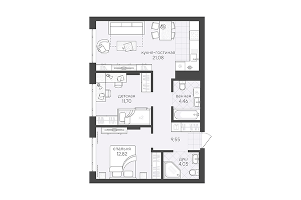 2-комнатная квартира 63,66 м² в Скандиа. Квартал в Кедровом. Планировка