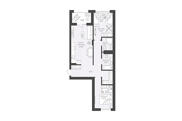 2-комнатная квартира 77,29 м² в Скандиа. Квартал в Кедровом. Планировка