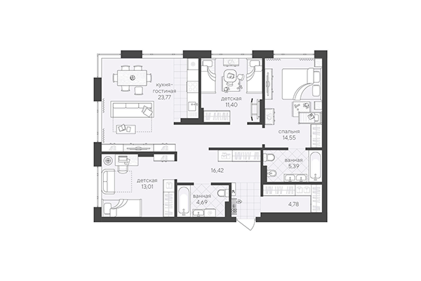 3-комнатная квартира 94,01 м² в Скандиа. Квартал в Кедровом. Планировка