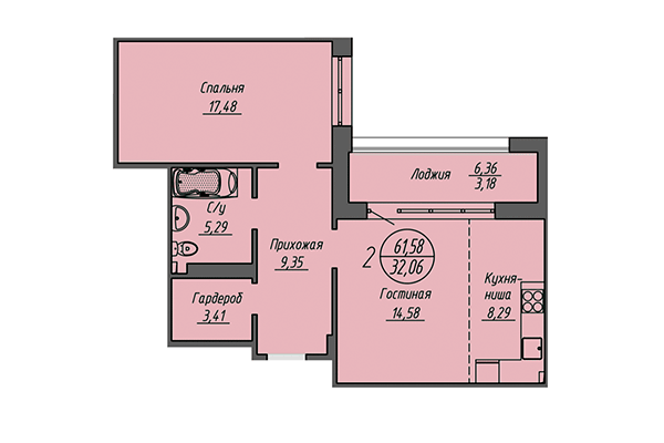 2-комнатная квартира 61,58 м² в ЖК Облака. Планировка