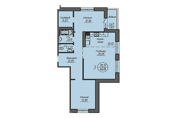 3-комнатная квартира 79,73 м² в ЖК Облака. Планировка