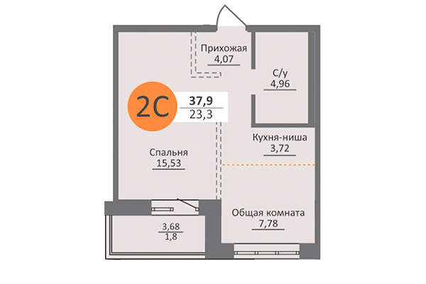 2-комнатная квартира 37,90 м² в ЖК Облака 2. Планировка