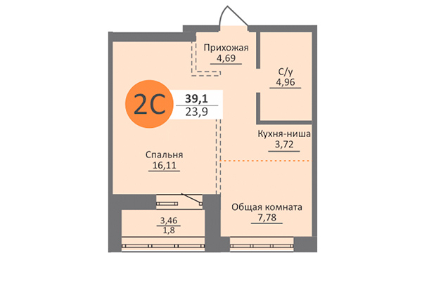 2-комнатная квартира 39,11 м² в ЖК Облака 2. Планировка