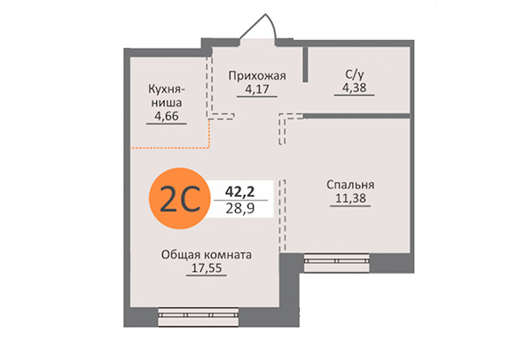 2-комнатная квартира 42,20 м² в ЖК Облака 2. Планировка