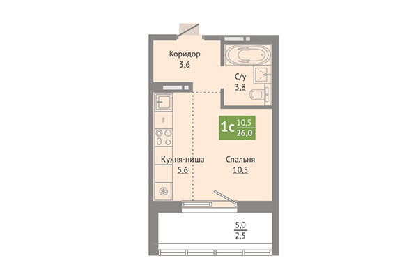 Студия 26,00 м² в ЖК Сосновый бор. Планировка