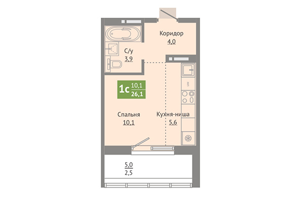 Студия 26,10 м² в ЖК Сосновый бор. Планировка