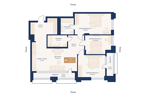 4-комнатная квартира 105,02 м² в ЖК Легендарный-Северный. Планировка