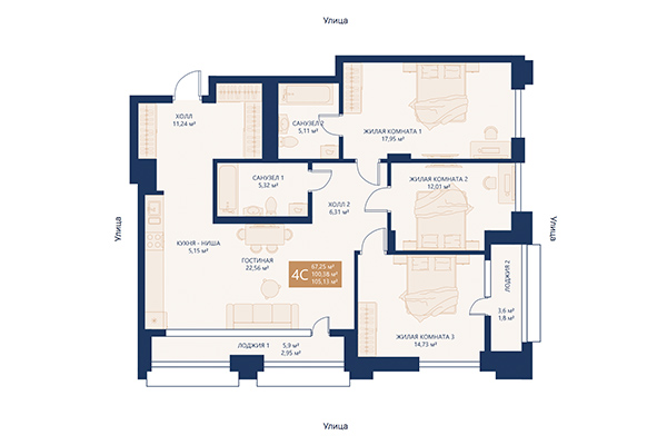 4-комнатная квартира 105,13 м² в ЖК Легендарный-Северный. Планировка