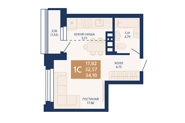 Студия 34,10 м² в ЖК Легендарный-Северный. Планировка