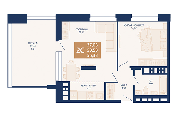 2-комнатная квартира 56,33 м² в ЖК Легендарный-Северный. Планировка