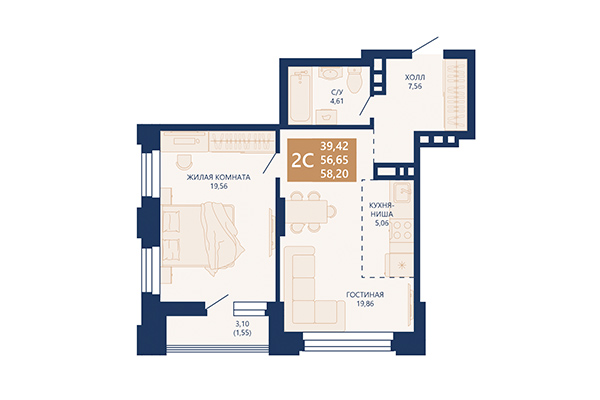 2-комнатная квартира 58,20 м² в ЖК Легендарный-Северный. Планировка