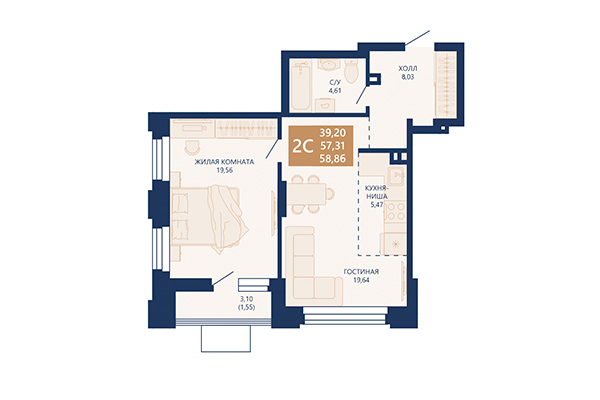 2-комнатная квартира 58,86 м² в ЖК Легендарный-Северный. Планировка