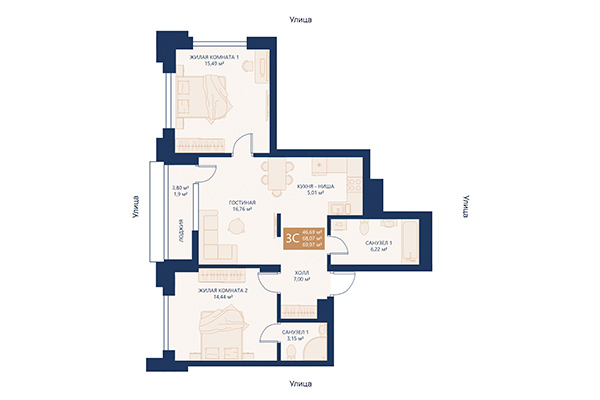 3-комнатная квартира 69,97 м² в ЖК Легендарный-Северный. Планировка