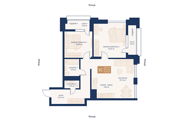 3-комнатная квартира 72,44 м² в ЖК Легендарный-Северный. Планировка