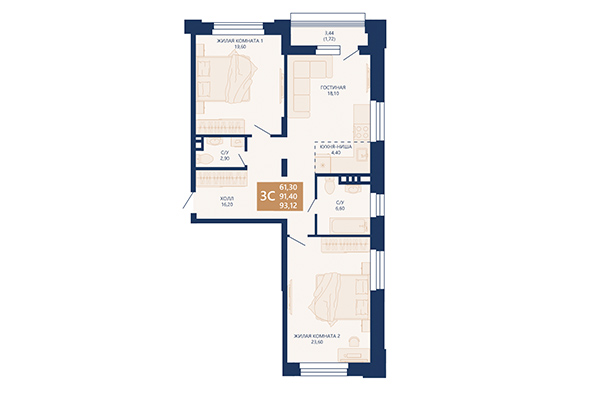 3-комнатная квартира 93,12 м² в ЖК Легендарный-Северный. Планировка