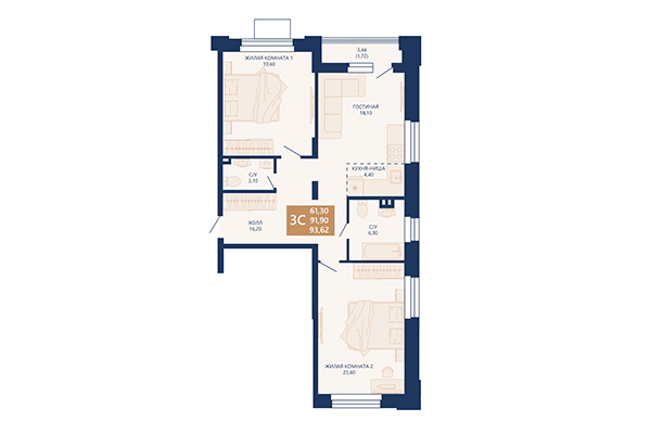 3-комнатная квартира 93,62 м² в ЖК Легендарный-Северный. Планировка