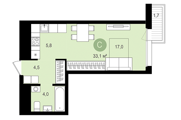 Студия 33,10 м² в Квартал Авиатор. Планировка