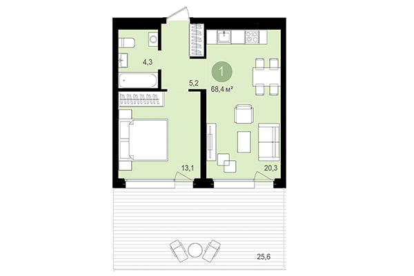 1-комнатная квартира 68,40 м² в Квартал Авиатор. Планировка