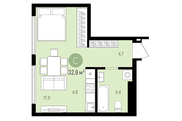 Студия 32,80 м² в Квартал на Декабристов. Планировка