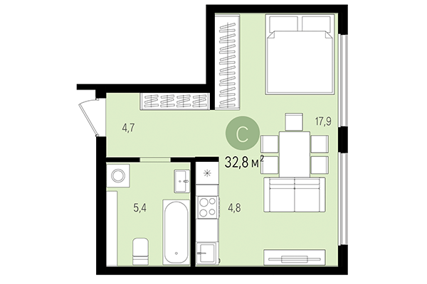 Студия 32,81 м² в Квартал на Декабристов. Планировка