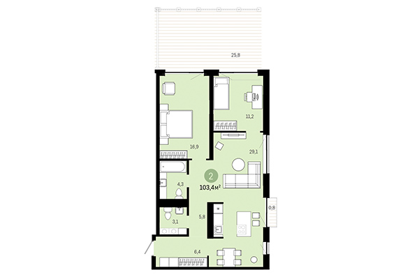 2-комнатная квартира 103,40 м² в Европейский берег. Планировка