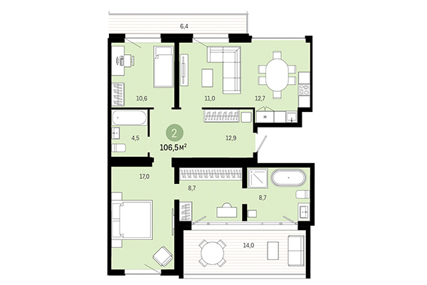 2-комнатная квартира 106,50 м² в Европейский берег. Планировка