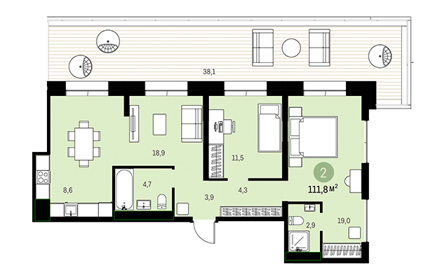 2-комнатная квартира 111,80 м² в Европейский берег. Планировка