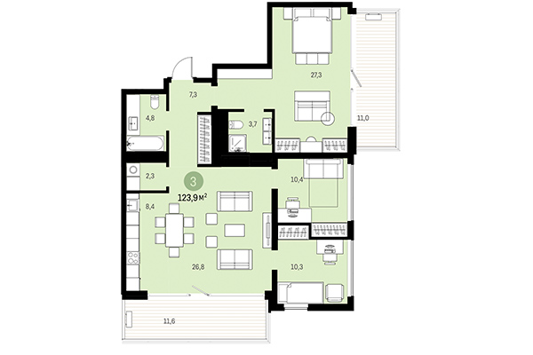 3-комнатная квартира 123,09 м² в Европейский берег. Планировка