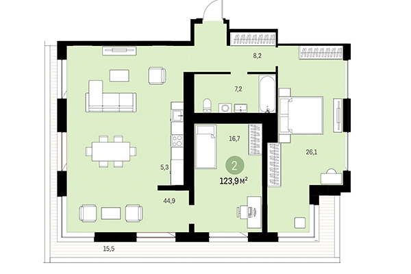 3-комнатная квартира 123,90 м² в Европейский берег. Планировка