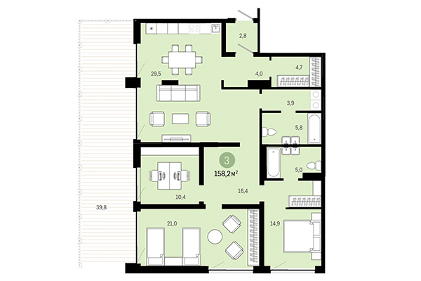 3-комнатная квартира 158,20 м² в Европейский берег. Планировка