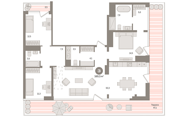 3-комнатная квартира 169,50 м² в Европейский берег. Планировка