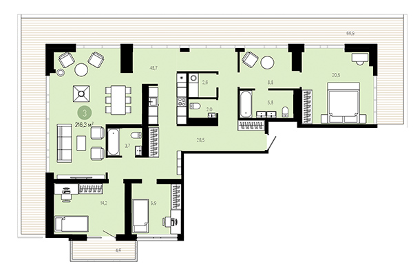 3-комнатная квартира 216,30 м² в Европейский берег. Планировка