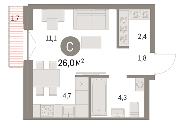 Студия 26,00 м² в Европейский берег. Планировка