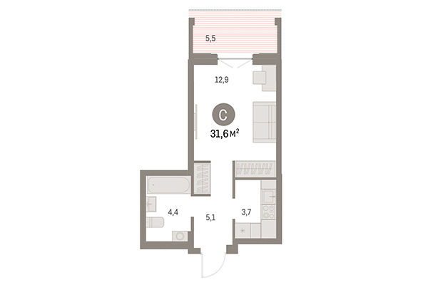 Студия 31,60 м² в Европейский берег. Планировка