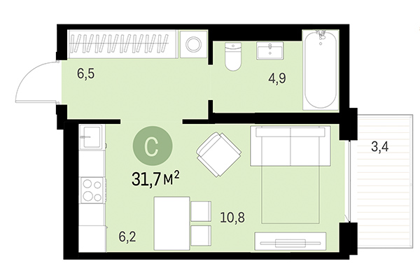 Студия 31,70 м² в Европейский берег. Планировка