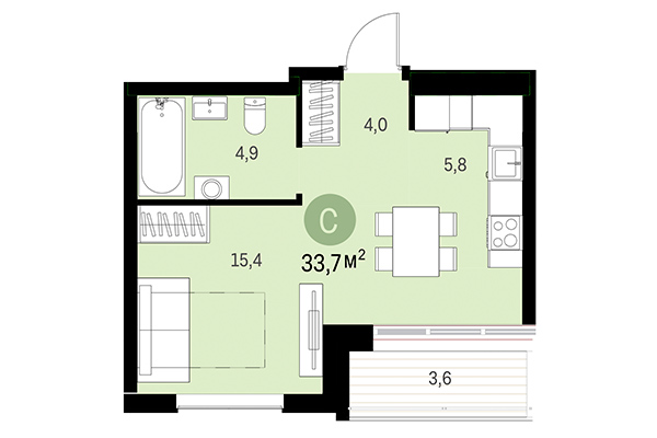 Студия 33,70 м² в Европейский берег. Планировка